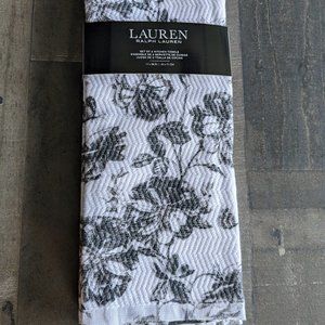 Ralph Lauren Kitchen Towels Set of Two 17x28 White and Gray Rose 100% cotton